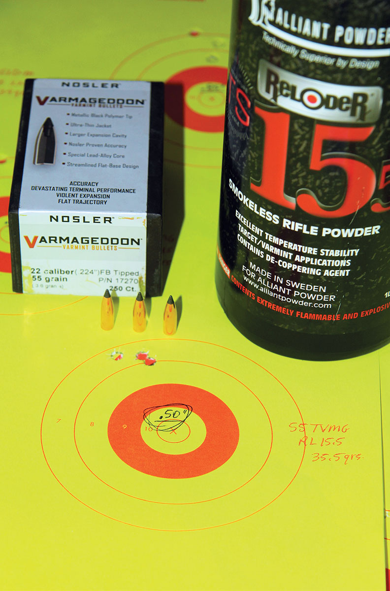 For the best combination of accuracy and velocity with Nosler’s 55-grain Tipped Varmageddon, 35.5 grains of Alliant Reloder 15.5 TS sent at 3,478 fps is just the ticket.